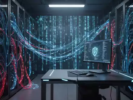 Dunkler Serverraum mit leuchtenden Glasfaserkabeln und digitalem Code, der eine Cybersicherheitsbedrohung darstellt. - Foto: über boerse-global.de