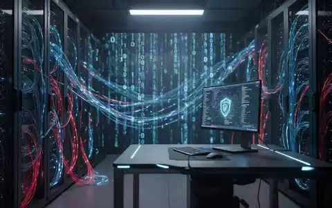 Dunkler Serverraum mit leuchtenden Glasfaserkabeln und digitalem Code, der eine Cybersicherheitsbedrohung darstellt. - Foto: über boerse-global.de