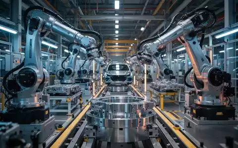 Moderne Montagelinie in einer deutschen Automobilfabrik mit Industrierobotern und Metallkomponenten. - Foto: über boerse-global.de