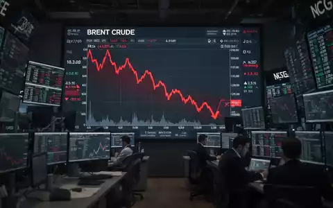 Ein fallender roter Chart auf einem digitalen Bildschirm, der den Preisverfall von Brent Rohöl symbolisiert. - Foto: über boerse-global.de