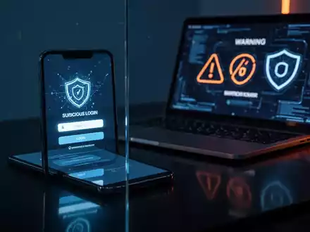 Ein Smartphone und ein Laptop in einer dunklen Büroumgebung, die digitale Sicherheitswarnungen und Phishing-Risiken darstellen. - Foto: über boerse-global.de