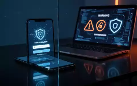 Ein Smartphone und ein Laptop in einer dunklen Büroumgebung, die digitale Sicherheitswarnungen und Phishing-Risiken darstellen. - Foto: über boerse-global.de