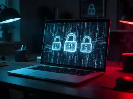Ein beleuchteter Laptop-Bildschirm in einem dunklen Büro zeigt abstrakten Binärcode und digitale Sicherheitssymbole. - Foto: über boerse-global.de