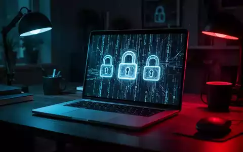 Ein beleuchteter Laptop-Bildschirm in einem dunklen Büro zeigt abstrakten Binärcode und digitale Sicherheitssymbole. - Foto: über boerse-global.de