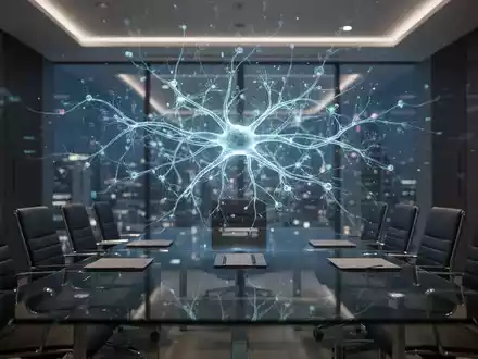 Leuchtendes digitales neuronales Netz-Hologramm in einem dunklen, professionellen Firmenkonferenzraum. - Foto: über boerse-global.de