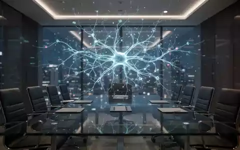 Leuchtendes digitales neuronales Netz-Hologramm in einem dunklen, professionellen Firmenkonferenzraum. - Foto: über boerse-global.de