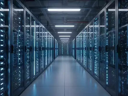 Reihen von modernen Server-Racks in einem Rechenzentrum mit blauer Beleuchtung. - Foto: über boerse-global.de