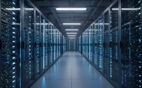 Reihen von modernen Server-Racks in einem Rechenzentrum mit blauer Beleuchtung. - Foto: über boerse-global.de