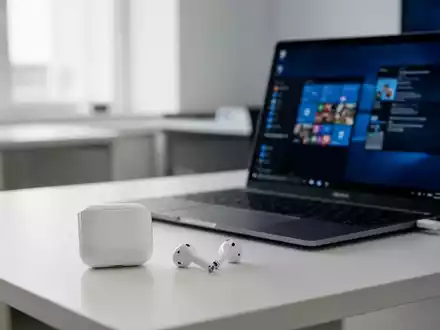 Apple AirPods neben einem Windows-Laptop in einem modernen, professionellen Büro. - Foto: über boerse-global.de