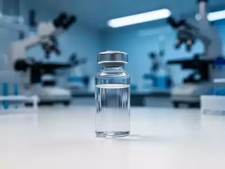 Ein gläsernes Fläschchen mit pharmazeutischem Wirkstoff in einem modernen, klinisch beleuchteten Forschungslabor. - Foto: über boerse-global.de