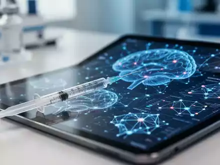 Eine medizinische Spritze neben einem Tablet mit neuronalen Netzwerkgrafiken in einem modernen Labor. - Foto: über boerse-global.de