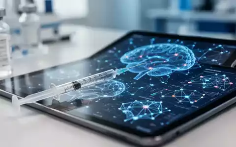 Eine medizinische Spritze neben einem Tablet mit neuronalen Netzwerkgrafiken in einem modernen Labor. - Foto: über boerse-global.de