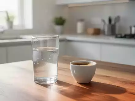 Eine kleine Tasse Kaffee und ein Glas Wasser auf einem Holztisch in einer hellen, modernen Küche. - Foto: über boerse-global.de