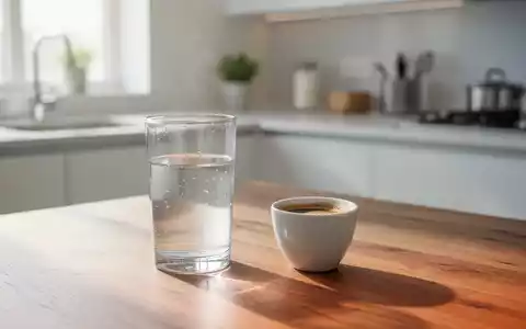 Eine kleine Tasse Kaffee und ein Glas Wasser auf einem Holztisch in einer hellen, modernen Küche. - Foto: über boerse-global.de