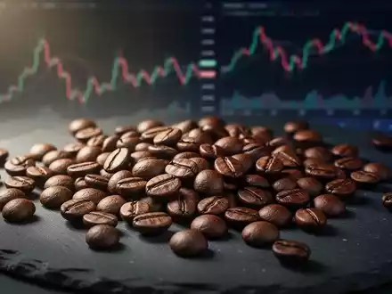Geröstete Kaffeebohnen auf dunklem Hintergrund mit angedeuteten Finanzmarktgrafiken. - Foto: über boerse-global.de