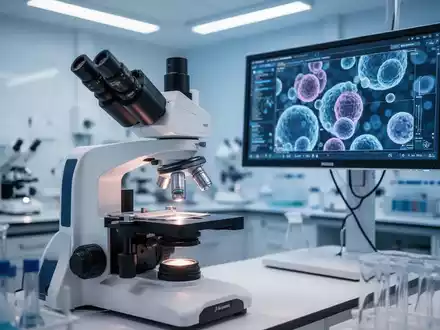 Ein hochmodernes medizinisches Labor mit Mikroskop und digitaler Darstellung zellulärer Strukturen zur Stammzellforschung. - Foto: über boerse-global.de