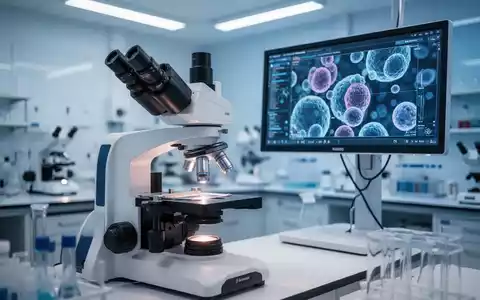Ein hochmodernes medizinisches Labor mit Mikroskop und digitaler Darstellung zellulärer Strukturen zur Stammzellforschung. - Foto: über boerse-global.de