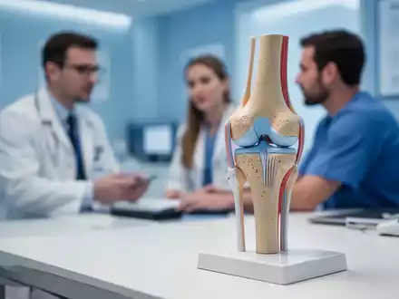 Ein anatomisches Modell eines Kniegelenks auf einem Schreibtisch in einer modernen orthopädischen Praxis. - Foto: über boerse-global.de