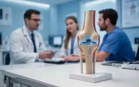 Ein anatomisches Modell eines Kniegelenks auf einem Schreibtisch in einer modernen orthopädischen Praxis. - Foto: über boerse-global.de