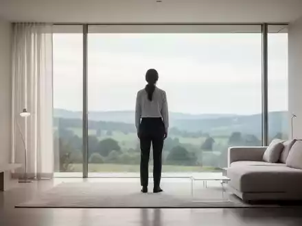 Eine Person blickt nachdenklich aus einem großen Fenster in einer minimalistisch eingerichteten, hellen Wohnung. - Foto: über boerse-global.de