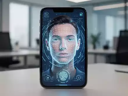Smartphone-Display zeigt eine biometrische Gesichtserkennung mit digitalem Overlay zur sicheren Identitätsprüfung. - Foto: über boerse-global.de