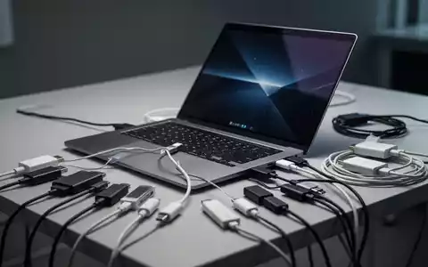 Ein flacher moderner Laptop auf einem Schreibtisch, umgeben von zahlreichen Adaptern und Kabeln. - Foto: über boerse-global.de