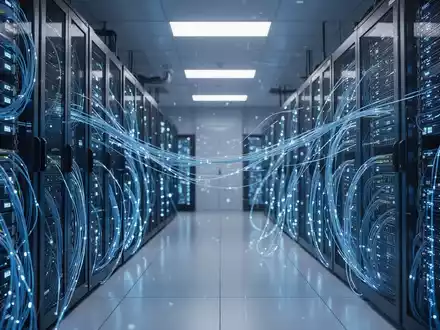 Moderne Serverräume in einem Rechenzentrum mit leuchtenden Kabeln als Symbol für KI-Infrastrukturinvestitionen. - Foto: über boerse-global.de