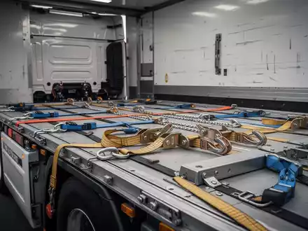 Professionell gesicherte Fracht auf einer Ladefläche mit Spanngurten und Sicherungsequipment. - Foto: über boerse-global.de