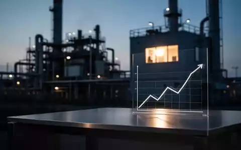 Symbolische Darstellung einer industriellen Produktionsstätte bei Dämmerung mit einem abfallenden Trenddiagramm. - Foto: über boerse-global.de