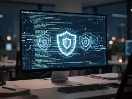 Ein beleuchteter Computerbildschirm mit digitalem Code und Sicherheitssymbolen in einem modernen Büro. - Foto: über boerse-global.de