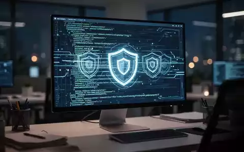 Ein beleuchteter Computerbildschirm mit digitalem Code und Sicherheitssymbolen in einem modernen Büro. - Foto: über boerse-global.de