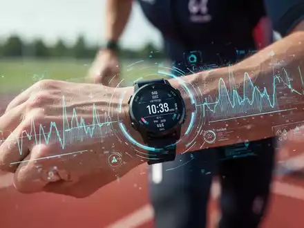 Nahaufnahme einer Sportuhr am Handgelenk eines Athleten mit eingeblendeten biometrischen Daten zur Leistungsanalyse. - Foto: über boerse-global.de