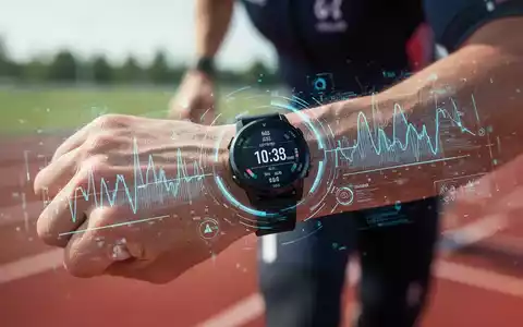Nahaufnahme einer Sportuhr am Handgelenk eines Athleten mit eingeblendeten biometrischen Daten zur Leistungsanalyse. - Foto: über boerse-global.de