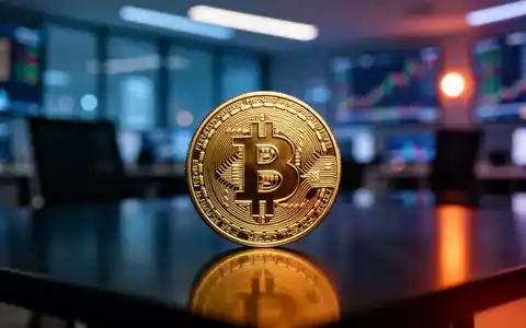 Eine einzelne goldene Bitcoin-Münze auf einer dunklen, reflektierenden Oberfläche in einer modernen Büroumgebung. - Foto: über boerse-global.de