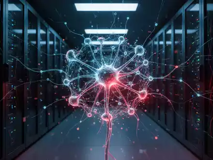 Glühender digitaler neuronaler Netzknoten, der KI-Sicherheitslücken in einem Serverraum darstellt. - Foto: über boerse-global.de