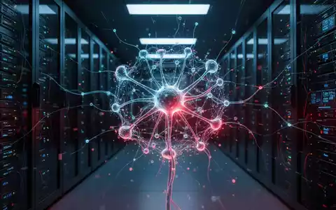 Glühender digitaler neuronaler Netzknoten, der KI-Sicherheitslücken in einem Serverraum darstellt. - Foto: über boerse-global.de