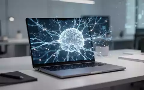 Modernes Büro mit einem Laptop, auf dem abstrakte neuronale Netzwerk-Visualisierungen einer KI zu sehen sind. - Foto: über boerse-global.de