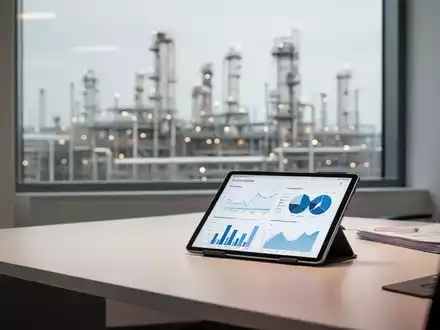Moderner Büroarbeitsplatz mit Datenanalyse vor einem verschwommenen Hintergrund einer Industrieanlage. - Foto: über boerse-global.de