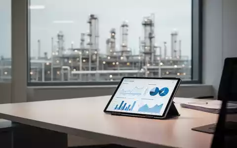 Moderner Büroarbeitsplatz mit Datenanalyse vor einem verschwommenen Hintergrund einer Industrieanlage. - Foto: über boerse-global.de