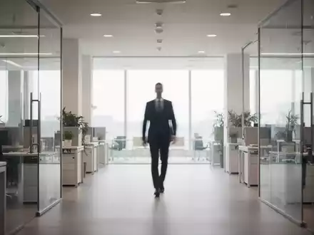 Eine professionelle Büroszene mit einer unscharfen Silhouette einer Person, die in einen hellen Raum geht. - Foto: über boerse-global.de