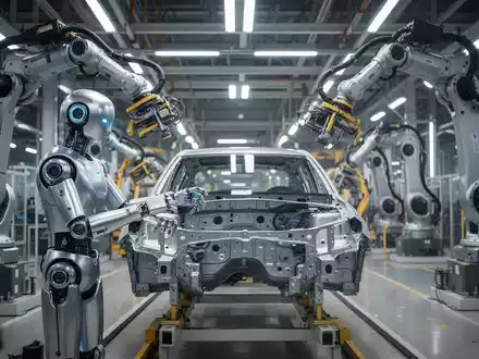 Ein humanoider Roboter arbeitet an einer Automobilmontagelinie in einer hochmodernen Autofabrik. - Foto: über boerse-global.de