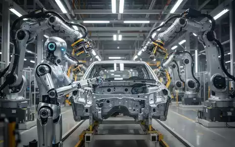 Ein humanoider Roboter arbeitet an einer Automobilmontagelinie in einer hochmodernen Autofabrik. - Foto: über boerse-global.de