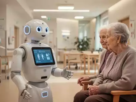 Ein KI-gestützter Pflegeroboter interagiert in einem modernen deutschen Seniorenheim mit einem Bewohner. - Foto: über boerse-global.de