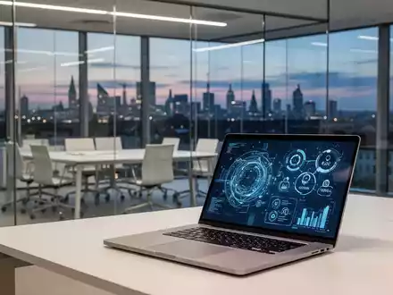 Moderner Büroarbeitsplatz mit Laptop, der digitale Datenvisualisierungen zeigt, Symbol für die digitale Transformation der Münchner Stadtverwaltung. - Foto: über boerse-global.de