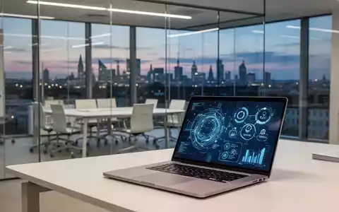 Moderner Büroarbeitsplatz mit Laptop, der digitale Datenvisualisierungen zeigt, Symbol für die digitale Transformation der Münchner Stadtverwaltung. - Foto: über boerse-global.de