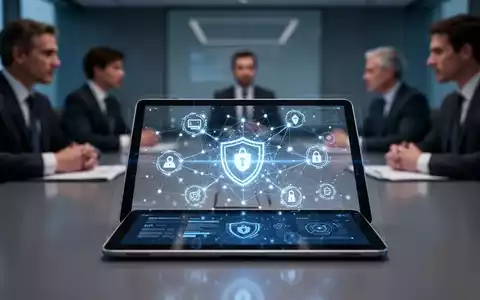 Ein digitaler Tablet-Bildschirm in einem modernen Sitzungssaal zeigt abstrakte Cybersicherheits-Netzwerkgrafiken. - Foto: über boerse-global.de
