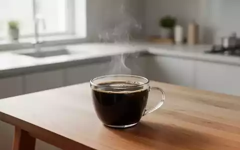 Eine dampfende Tasse schwarzer Kaffee auf einem minimalistischen Holztisch bei natürlichem Tageslicht. - Foto: über boerse-global.de