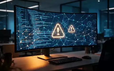 Ein moderner Computerbildschirm zeigt abstrakte digitale Netzwerke und Code-Fragmente in einer dunklen Büroumgebung. - Foto: über boerse-global.de