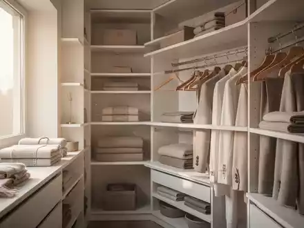 Minimalistisch gestalteter, perfekt organisierter Kleiderschrank mit ordentlich hängender Kleidung und viel Tageslicht. - Foto: über boerse-global.de
