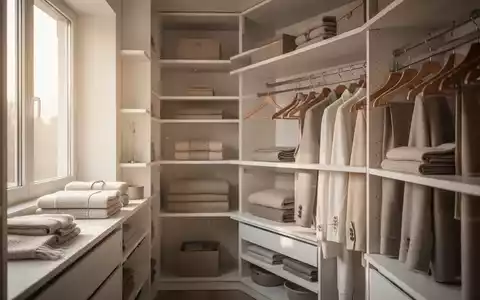 Minimalistisch gestalteter, perfekt organisierter Kleiderschrank mit ordentlich hängender Kleidung und viel Tageslicht. - Foto: über boerse-global.de